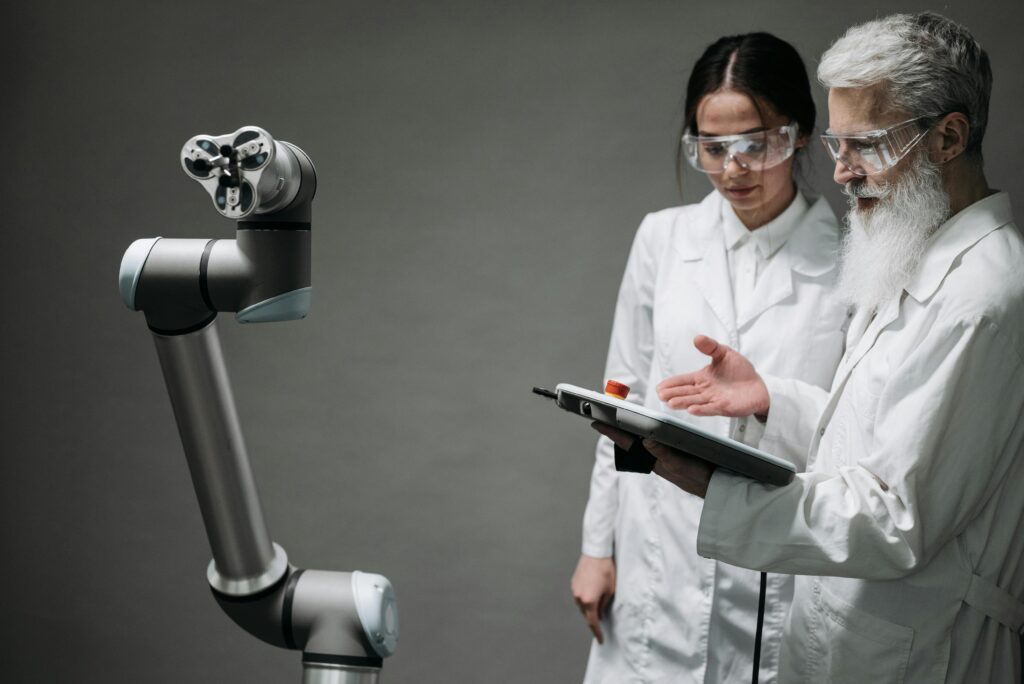 Scientists testing a device